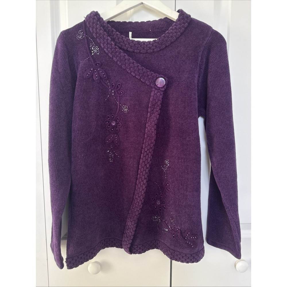 Purple Chenille Sweater Size M Embroidered Pearls Crew Neck Vintage